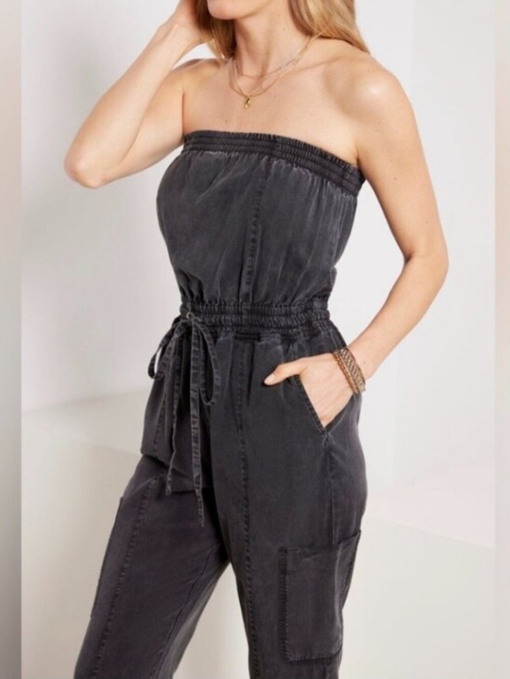 EVEREVE EMERY Strapless Washed Black Utility Jumpsuit NWT MEDIUM